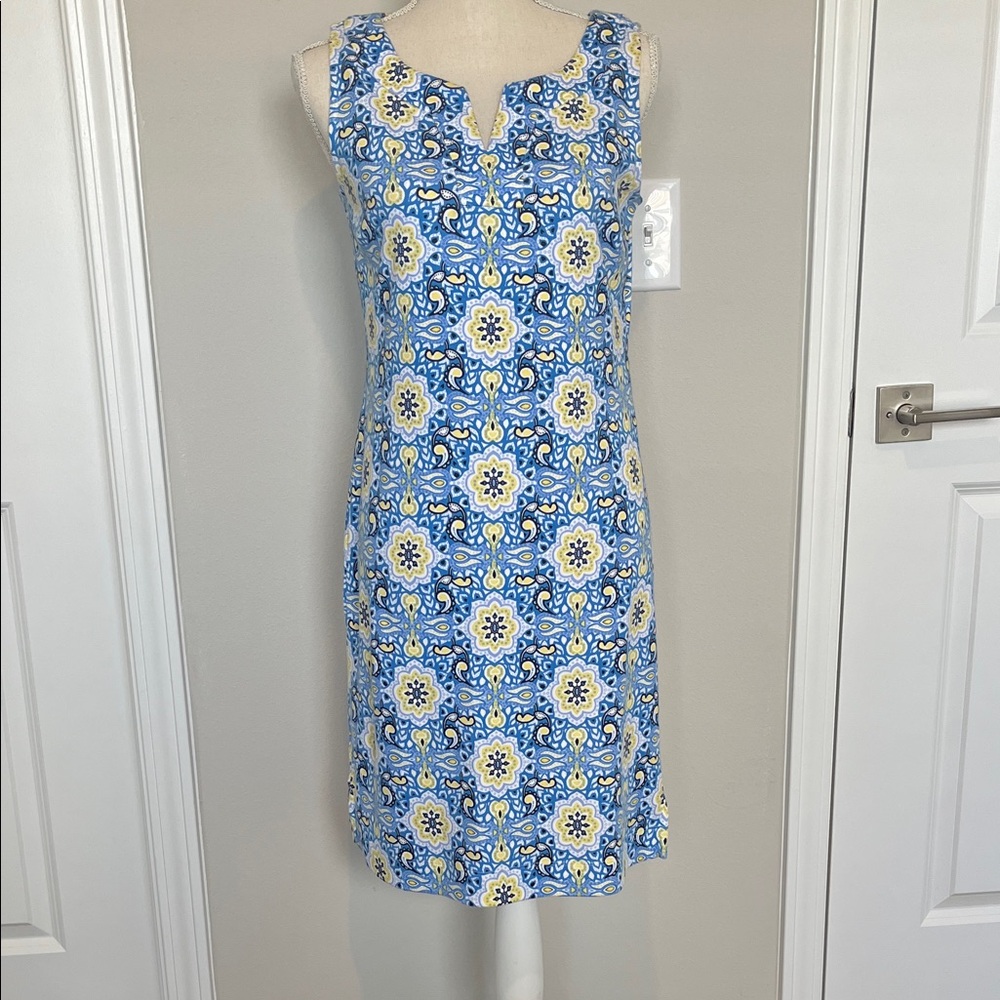 Talbots Blue, Yellow and White Floral Print Sleeveless Dress Size Small